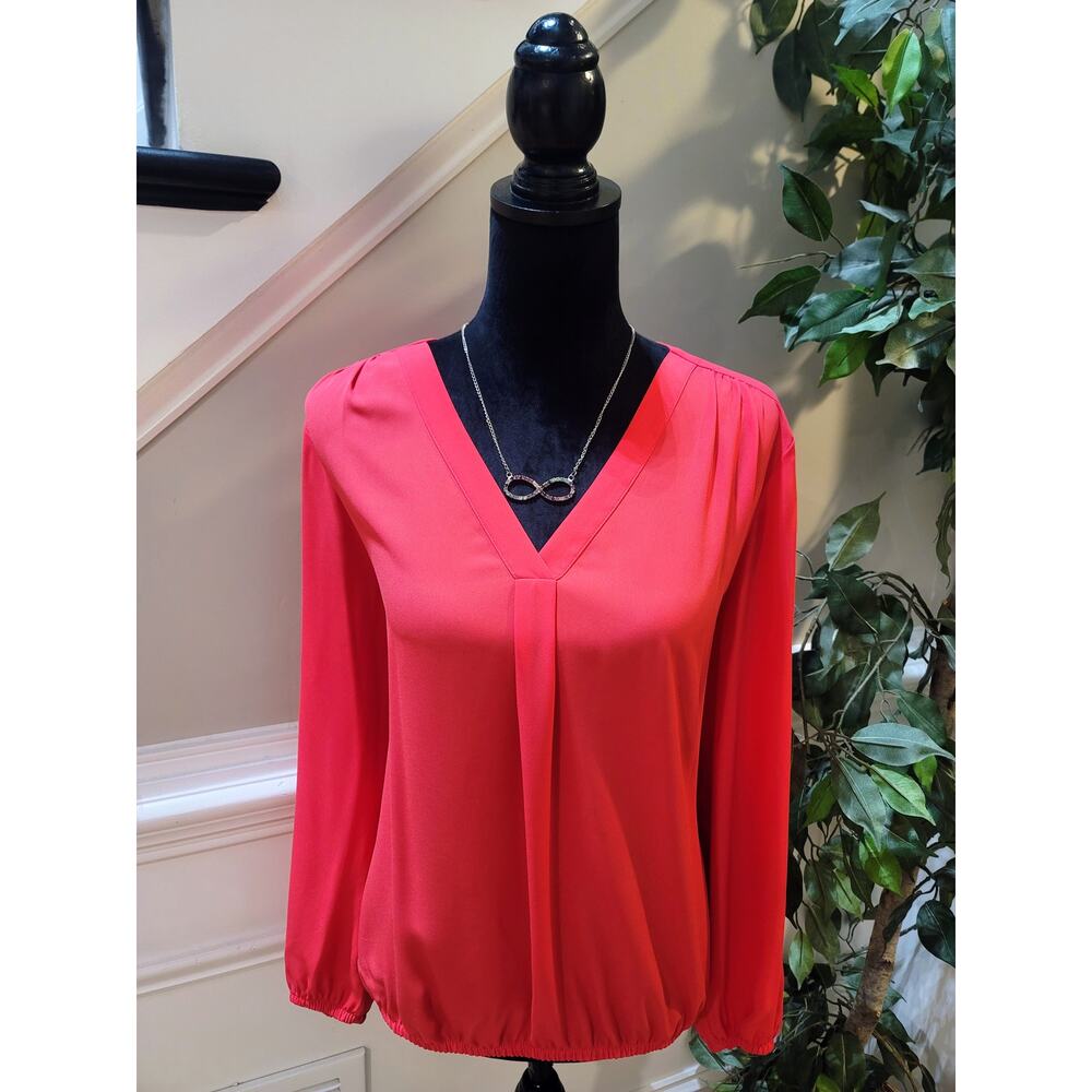 Chaus Blouse Women's Large Dark Red Pleated V-Neck Balloon Sleeve Causal Party